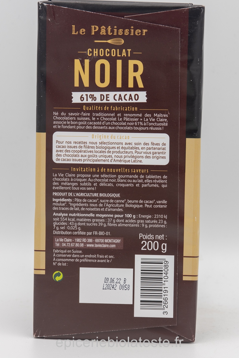 Chocolat Patissier 61% Cacao - Magasin Bio à La Teste De Buch - La